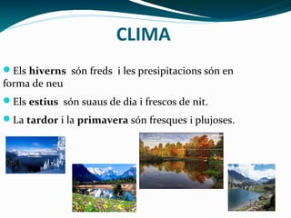 CLIMA
Els hiverns són freds i les presipitacions són en
forma de neu
Els estius són suaus de dia i frescos de nit.
La tardor i la primavera són fresques i plujoses.
 