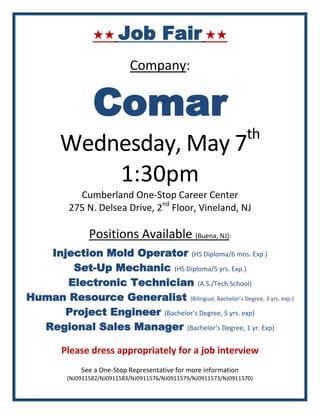  Job Fair 
Company:
Comar
Wednesday, May 7th
1:30pm
Cumberland One-Stop Career Center
275 N. Delsea Drive, 2nd
Floor, Vineland, NJ
Positions Available (Buena, NJ):
Injection Mold Operator (HS Diploma/6 mos. Exp.)
Set-Up Mechanic (HS Diploma/5 yrs. Exp.)
Electronic Technician (A.S./Tech School)
Human Resource Generalist (Bilingual, Bachelor’s Degree, 3 yrs. exp.)
Project Engineer (Bachelor’s Degree, 5 yrs. exp)
Regional Sales Manager (Bachelor’s Degree, 1 yr. Exp)
Please dress appropriately for a job interview
See a One-Stop Representative for more information
(NJ0911582/NJ0911583/NJ0911576/NJ0911579/NJ0911573/NJ0911570)
 