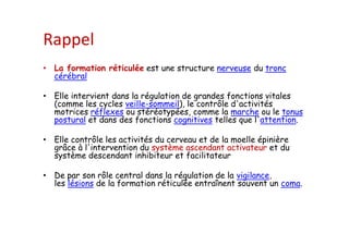 Rappel
• La formation réticulée est une structure nerveuse du tronc
cérébral
• Elle intervient dans la régulation de grandes fonctions vitales
(comme les cycles veille-sommeil), le contrôle d'activités
motrices réflexes ou stéréotypées, comme la marche ou le tonus
postural et dans des fonctions cognitives telles que l'attention.
• Elle contrôle les activités du cerveau et de la moelle épinière
grâce à l'intervention du système ascendant activateur et du
système descendant inhibiteur et facilitateur
• De par son rôle central dans la régulation de la vigilance,
les lésions de la formation réticulée entraînent souvent un coma.
• La formation réticulée est une structure nerveuse du tronc
cérébral
• Elle intervient dans la régulation de grandes fonctions vitales
(comme les cycles veille-sommeil), le contrôle d'activités
motrices réflexes ou stéréotypées, comme la marche ou le tonus
postural et dans des fonctions cognitives telles que l'attention.
• Elle contrôle les activités du cerveau et de la moelle épinière
grâce à l'intervention du système ascendant activateur et du
système descendant inhibiteur et facilitateur
• De par son rôle central dans la régulation de la vigilance,
les lésions de la formation réticulée entraînent souvent un coma.
 