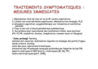 TRAITEMENTS SYMPTOMATIQUES :
MESURES IMMEDIATES
1. Réanimation: état de choc et un arrêt cardio-respiratoire.
2. Libérer les voies aériennes supérieures: désobstruction laryngée, PLS,
si nécessaire aspiration, oxygénothérapie voir intubation et ventilation
assistée
3. Pose d'une voie d'abord périphérique systématique.
4. Surveillance pluri-quotidienne des constantes vitales, sous moniteur
(PA, FC,FR, oxymétrie, diurèse, température, examen neuro et Glasgow)
• Coma prolongé: Nursing
matelas anti-escarres, mobilisation régulière et massage des points d'appui,
sonde urinaire, diurèse,
soins des yeux, aspirations bronchiques,
prévention des thromboses veineuses profondes par héparine de bas PM,
apports caloriques (2 000 Kcal/j), vitaminiques (B1, B6, PP),
hydro-electrolytiques (perf, SNG)
1. Réanimation: état de choc et un arrêt cardio-respiratoire.
2. Libérer les voies aériennes supérieures: désobstruction laryngée, PLS,
si nécessaire aspiration, oxygénothérapie voir intubation et ventilation
assistée
3. Pose d'une voie d'abord périphérique systématique.
4. Surveillance pluri-quotidienne des constantes vitales, sous moniteur
(PA, FC,FR, oxymétrie, diurèse, température, examen neuro et Glasgow)
• Coma prolongé: Nursing
matelas anti-escarres, mobilisation régulière et massage des points d'appui,
sonde urinaire, diurèse,
soins des yeux, aspirations bronchiques,
prévention des thromboses veineuses profondes par héparine de bas PM,
apports caloriques (2 000 Kcal/j), vitaminiques (B1, B6, PP),
hydro-electrolytiques (perf, SNG)
 