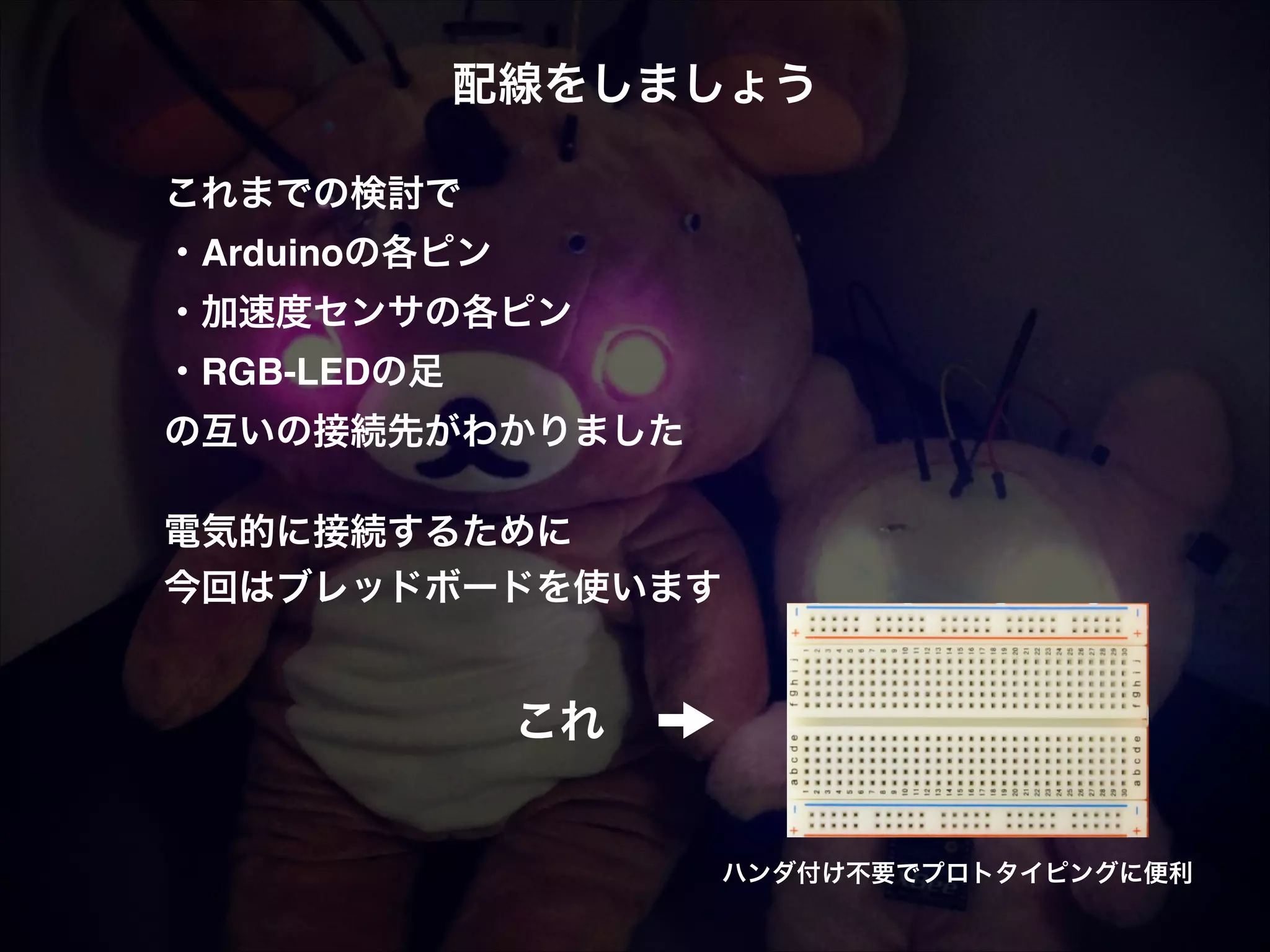 配線をしましょう! ! これまでの検討で! ・Arduinoの各ピン! ・加速度センサの各ピン! ・RGB-LEDの足! の互いの接続先がわかりました! ! 電気的に接続するために! 今回はブレッドボードを使います これ ハンダ付け不要でプロトタイピングに便利 