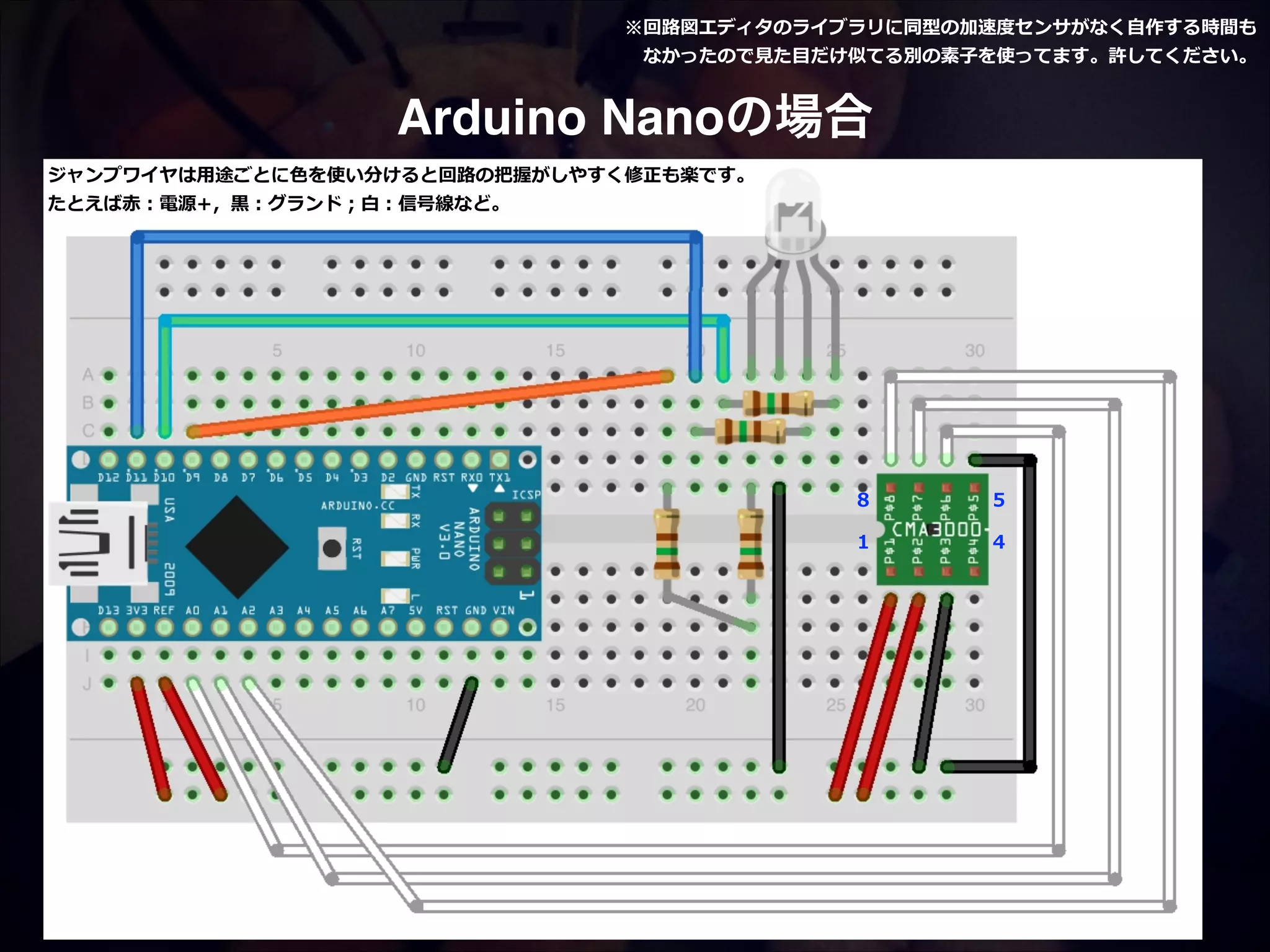 ※回路路図エディタのライブラリに同型の加速度度センサがなく⾃自作する時間も    　なかったので⾒見見た⽬目だけ似てる別の素⼦子を使ってます。許してください。 Arduino Nanoの場合 ジャンプワイヤは⽤用途ごとに⾊色を使い分けると回路路の把握がしやすく修正も楽です。   たとえば⾚赤：電源+，⿊黒：グランド；⽩白：信号線など。 8 5 1 4 