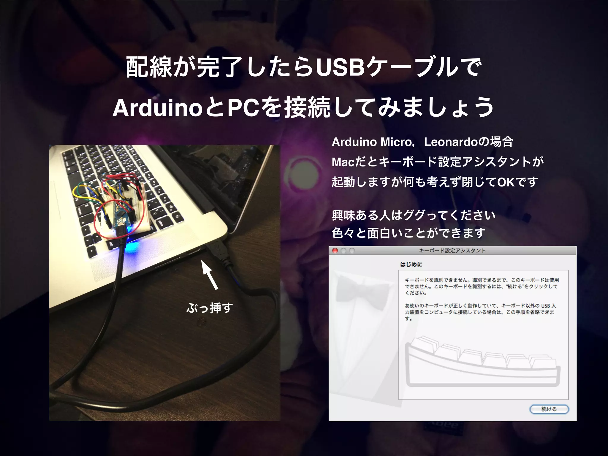 配線が完了したらUSBケーブルで! ArduinoとPCを接続してみましょう! Arduino Micro，Leonardoの場合! Macだとキーボード設定アシスタントが! 起動しますが何も考えず閉じてOKです! ! 興味ある人はググってください! 色々と面白いことができます! ぶっ挿す 