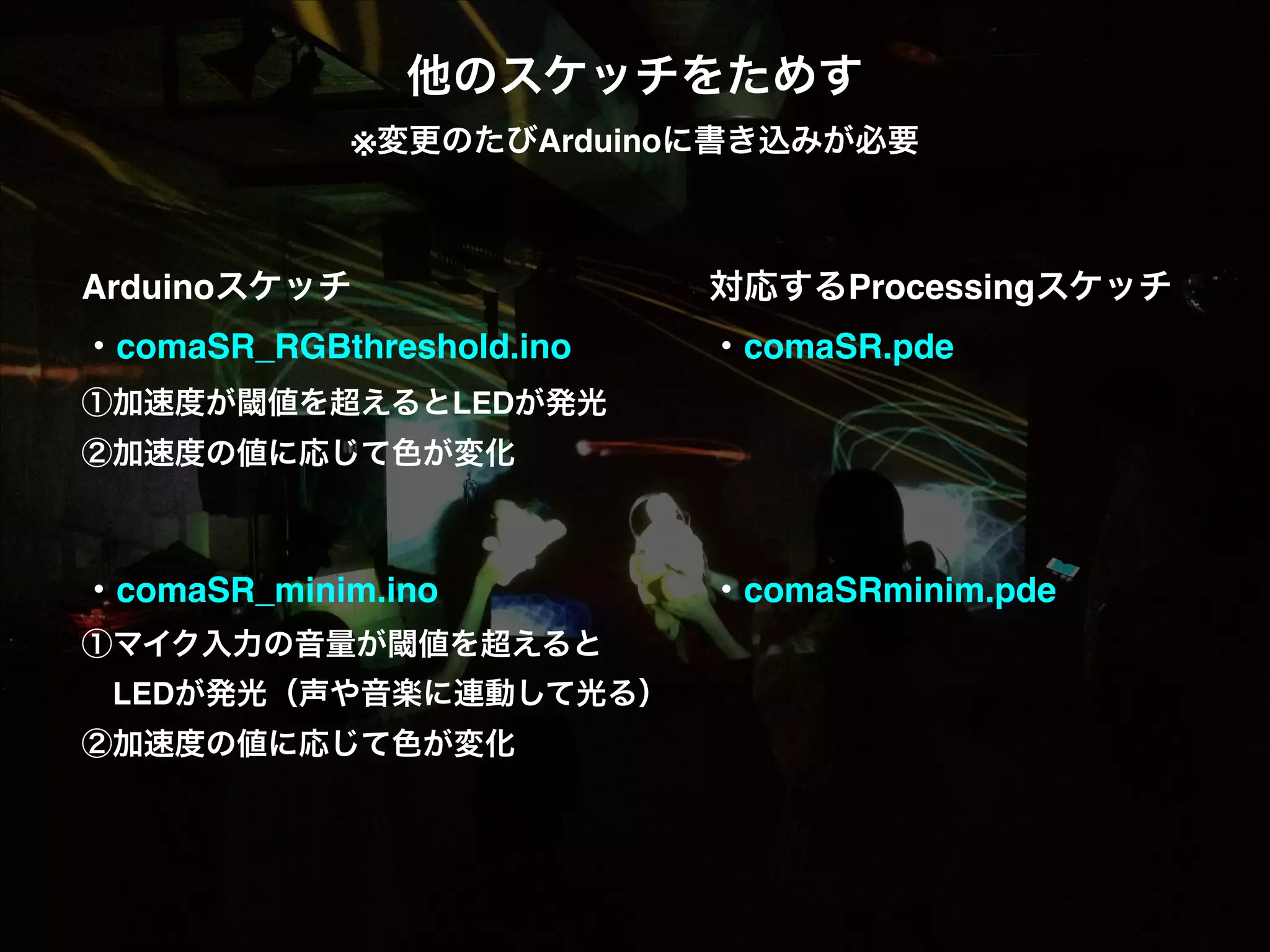 他のスケッチをためす! ※変更のたびArduinoに書き込みが必要! ! ! ! ! 対応するProcessingスケッチ! ・comaSR_RGBthreshold.ino! ! ! ・comaSR.pde! ! ・comaSRminim.pde! Arduinoスケッチ! ! ! ! ! ①加速度が閾値を超えるとLEDが発光! ②加速度の値に応じて色が変化! ! ! ・comaSR_minim.ino! ! ! ! ①マイク入力の音量が閾値を超えると!  LEDが発光（声や音楽に連動して光る）! ②加速度の値に応じて色が変化! ! ! 