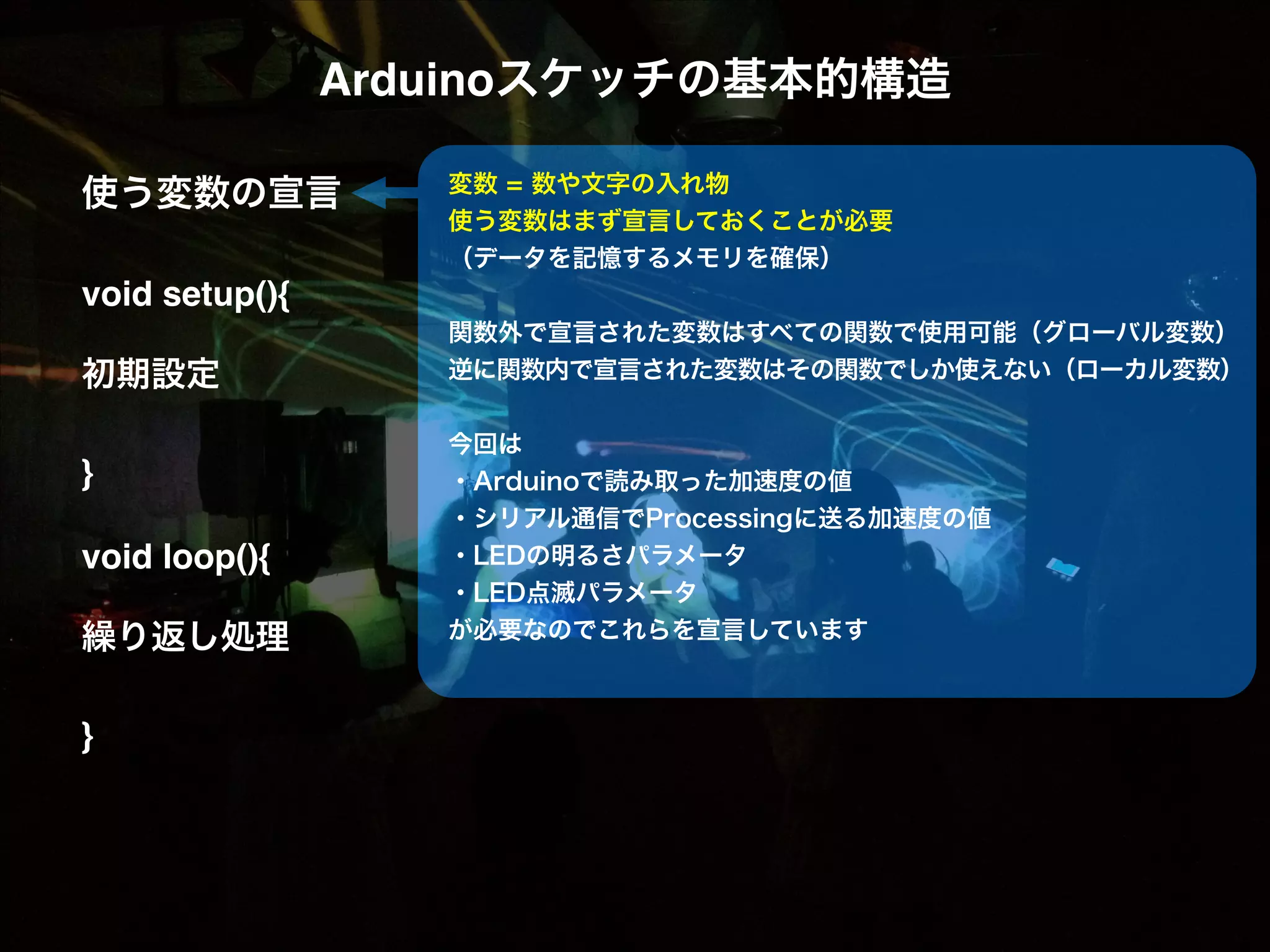 Arduinoスケッチの基本的構造! ! ! 変数 = 数や文字の入れ物 使う変数はまず宣言しておくことが必要 （データを記憶するメモリを確保） void setup(){! ! ! 関数外で宣言された変数はすべての関数で使用可能（グローバル変数） 逆に関数内で宣言された変数はその関数でしか使えない（ローカル変数） 使う変数の宣言! 初期設定! ! }! ! void loop(){! ! 繰り返し処理! ! }! 今回は ・Arduinoで読み取った加速度の値 ・シリアル通信でProcessingに送る加速度の値 ・LEDの明るさパラメータ ・LED点滅パラメータ が必要なのでこれらを宣言しています 
