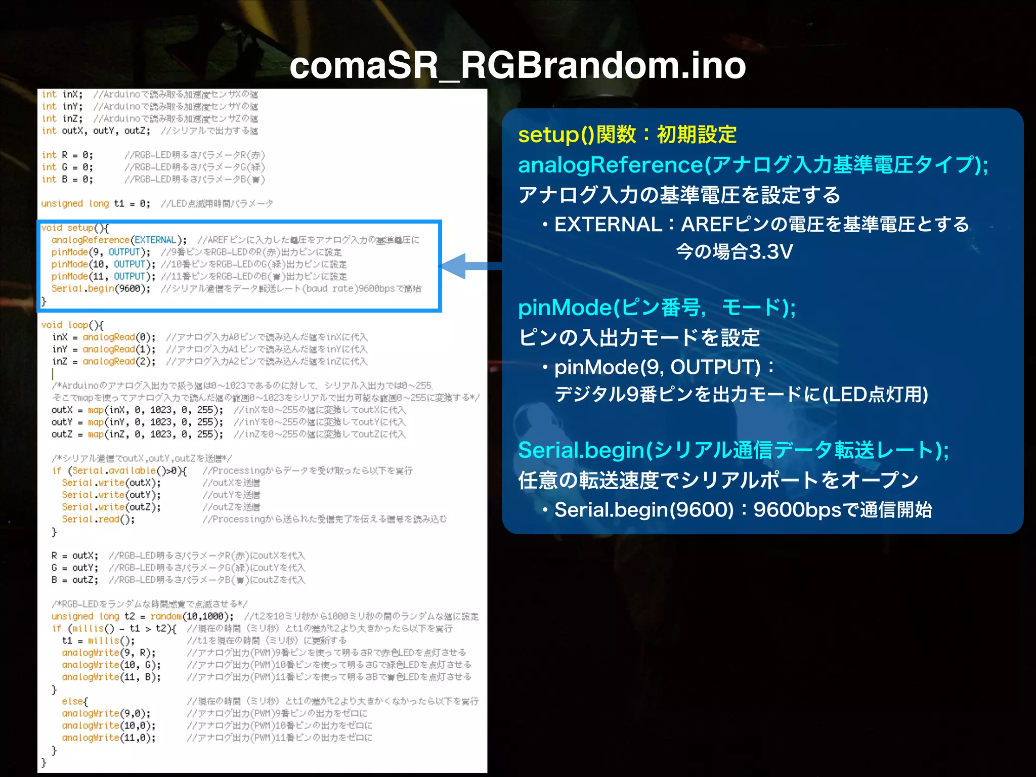 comaSR_RGBrandom.ino setup()関数：初期設定 analogReference(アナログ入力基準電圧タイプ); アナログ入力の基準電圧を設定する  ・EXTERNAL：AREFピンの電圧を基準電圧とする  今の場合3.3V ! pinMode(ピン番号，モード); ピンの入出力モードを設定  ・pinMode(9, OUTPUT)：   デジタル9番ピンを出力モードに(LED点灯用) ! Serial.begin(シリアル通信データ転送レート); 任意の転送速度でシリアルポートをオープン  ・Serial.begin(9600)：9600bpsで通信開始 
