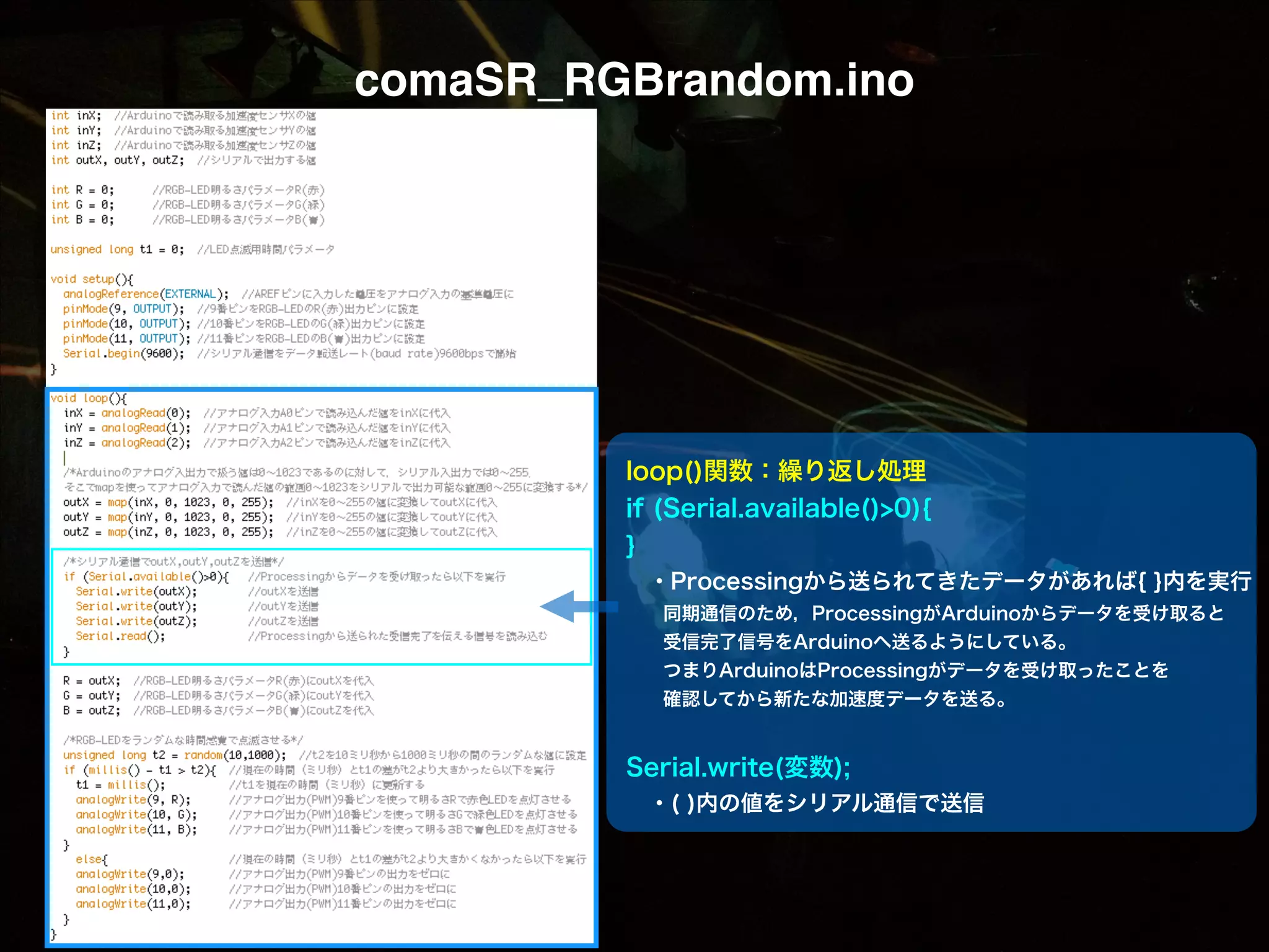 comaSR_RGBrandom.ino loop()関数：繰り返し処理 if (Serial.available()>0){ }  ・Processingから送られてきたデータがあれば{ }内を実行   同期通信のため，ProcessingがArduinoからデータを受け取ると   受信完了信号をArduinoへ送るようにしている。   つまりArduinoはProcessingがデータを受け取ったことを   確認してから新たな加速度データを送る。 ! Serial.write(変数);  ・( )内の値をシリアル通信で送信 