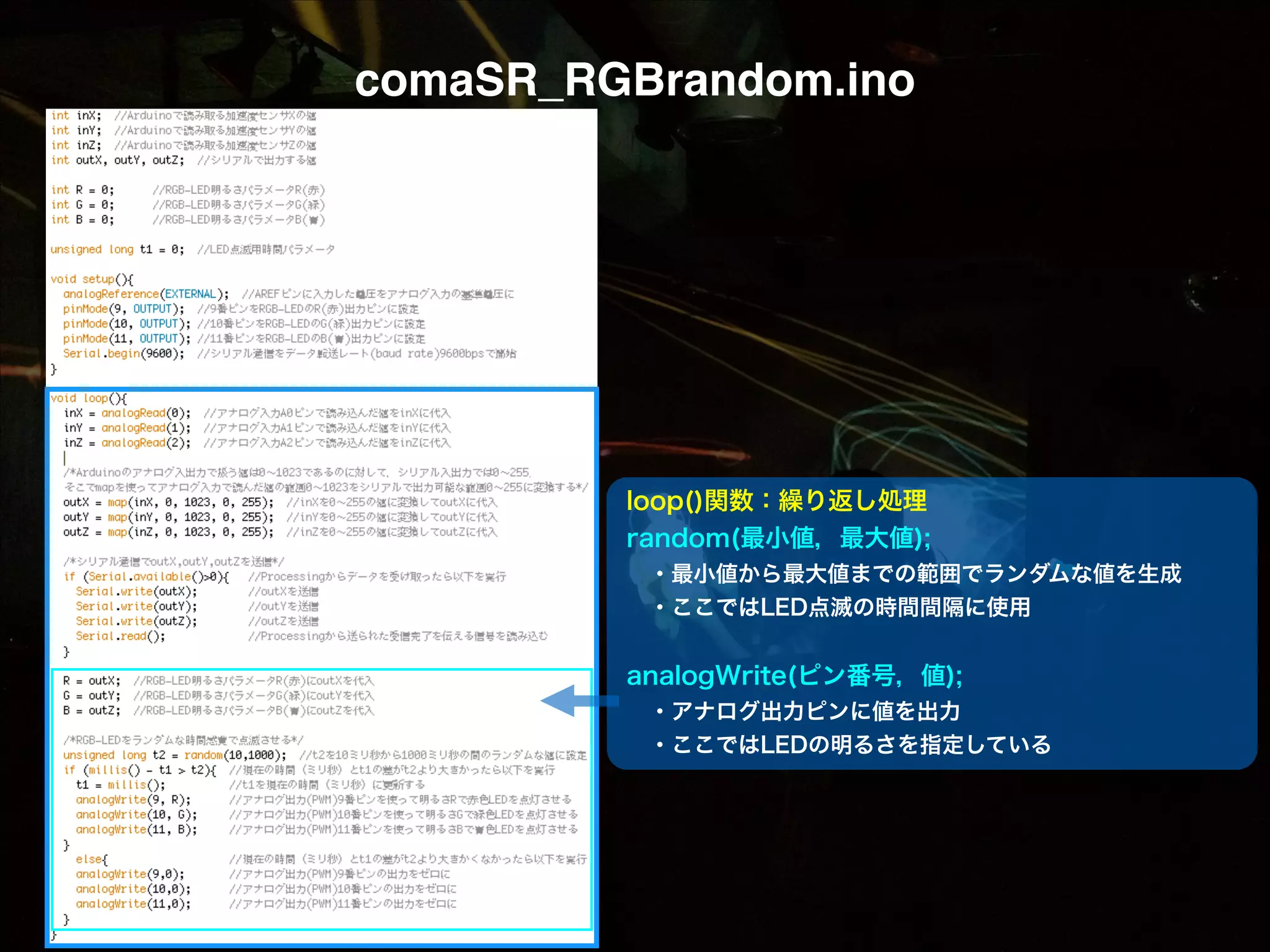 comaSR_RGBrandom.ino loop()関数：繰り返し処理 random(最小値，最大値);  ・最小値から最大値までの範囲でランダムな値を生成  ・ここではLED点滅の時間間隔に使用 ! analogWrite(ピン番号，値);  ・アナログ出力ピンに値を出力  ・ここではLEDの明るさを指定している ! 