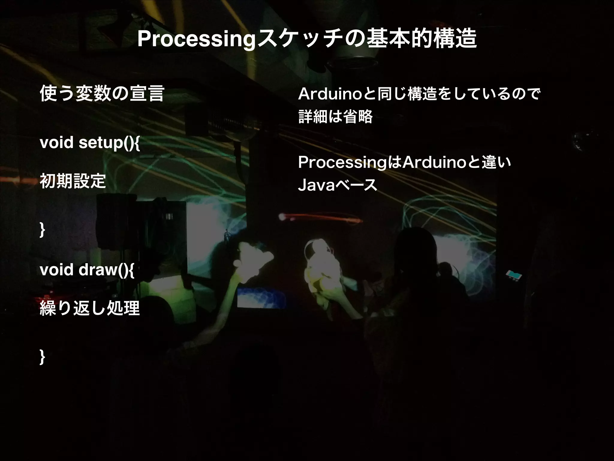 Processingスケッチの基本的構造! ! 使う変数の宣言! Arduinoと同じ構造をしているので ! 詳細は省略 void setup(){! ! ! ProcessingはArduinoと違い  初期設定! Javaベース ! }! ! void draw(){! ! 繰り返し処理! ! }! 