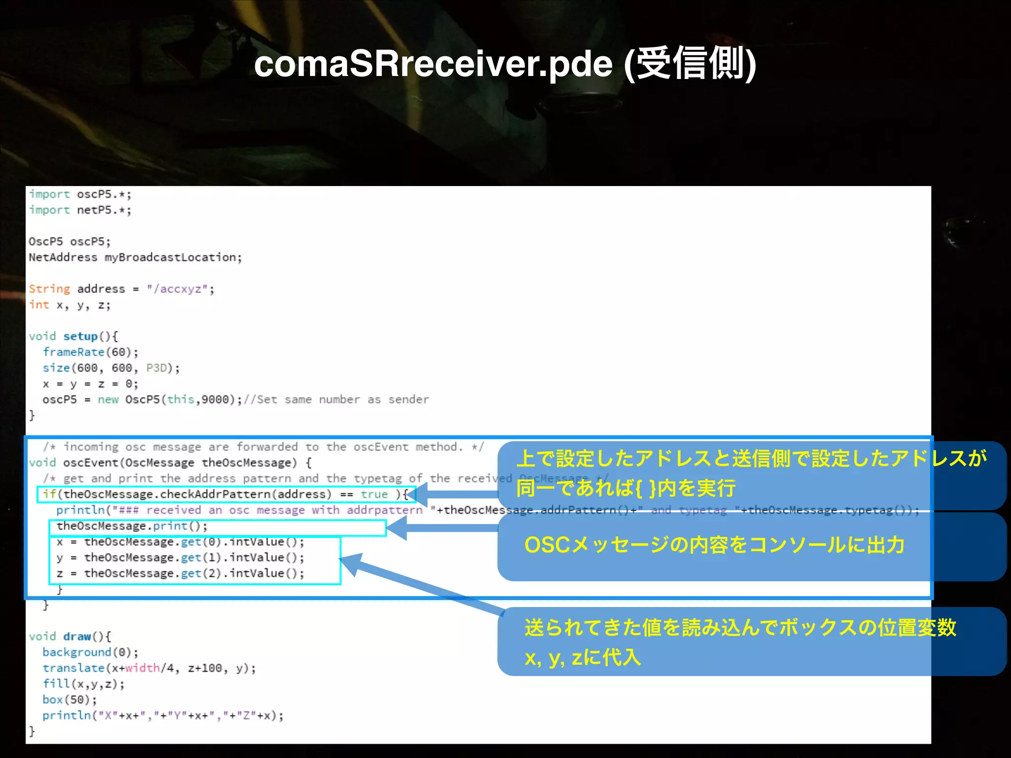 comaSRreceiver.pde (受信側) 上で設定したアドレスと送信側で設定したアドレスが 同一であれば{ }内を実行 OSCメッセージの内容をコンソールに出力 送られてきた値を読み込んでボックスの位置変数  x, y, zに代入 