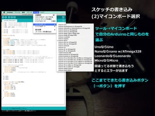 スケッチの書き込み  
(2)マイコンボード選択  
!
・ツール→マイコンボード 
 　で⾃自分のArduinoと同じものを  
 　選ぶ  
!
・UnoならUno  
・Nanoならnano  w/ATmega328  
・LeonardoならLeonardo  
・MicroならMicro  
!
 　間違ってる状態で書き込もう  
 　とするとエラーが出ます  
!
ここまでできたら書き込みボタン  
（→ボタン）を押す  
 