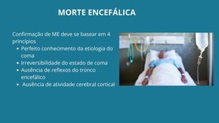 Perfeito conhecimento da etiologia do
coma
Irreversibilidade do estado de coma
Ausência de reflexos do tronco
encefálico
Ausência de atividade cerebral cortical
Confirmação de ME deve se basear em 4
princípios
MORTE ENCEFÁLICA
 