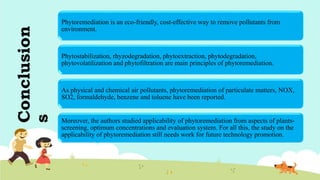 Conclusion
s
Phytoremediation is an eco-friendly, cost-effective way to remove pollutants from
environment.
Phytostabilization, rhyzodegradation, phytoextraction, phytodegradation,
phytovolatilization and phytofiltration are main principles of phytoremediation.
As physical and chemical air pollutants, phytoremediation of particulate matters, NOX,
SO2, formaldehyde, benzene and toluene have been reported.
Moreover, the authors studied applicability of phytoremediation from aspects of plants-
screening, optimum concentrations and evaluation system. For all this, the study on the
applicability of phytoremediation still needs work for future technology promotion.
 