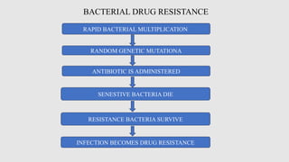 BACTERIAL DRUG RESISTANCE
RAPID BACTERIAL MULTIPLICATION
RANDOM GENETIC MUTATIONA
ANTIBIOTIC IS ADMINISTERED
SENESTIVE BACTERIA DIE
RESISTANCE BACTERIA SURVIVE
INFECTION BECOMES DRUG RESISTANCE
 
