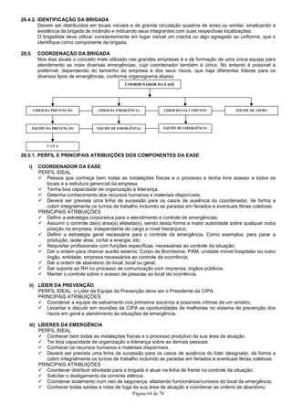 Página 64 de 78
20.4.2. IDENTIFICAÇÃO DA BRIGADA
Devem ser distribuídos em locais visíveis e de grande circulação quadros de aviso ou similar, sinalizando a
existência da brigada de incêndio e indicando seus integrantes com suas respectivas localizações.
O brigadista deve utilizar constantemente em lugar visível um crachá ou algo agregado ao uniforme, que o
identifique como componente da brigada.
20.5. COORDENAÇÃO DA BRIGADA
Nos dias atuais o conceito mais utilizado nas grandes empresas é a de formação de uma única equipe para
atendimento as mais diversas emergências, cujo coordenador também é único. No entanto é possível e
preferível, dependendo do tamanho da empresa e dos seus riscos, que haja diferentes líderes para os
diversos tipos de emergências, conforme organograma abaixo.
20.5.1. PERFIL E PRINCIPAIS ATRIBUIÇÕES DOS COMPONENTES DA EASE
i) COORDENADOR DA EASE
PERFIL IDEAL
Pessoa que conheça bem todas as instalações físicas e o processo e tenha livre acesso a todos os
locais e a estrutura gerencial da empresa.
Tenha boa capacidade de organização e liderança.
Detenha conhecimento dos recursos humanos e materiais disponíveis.
Deverá ser prevista uma linha de sucessão para os casos de ausência do coordenador, de forma a
cobrir integralmente os turnos de trabalho incluindo as paradas em feriados e eventuais férias coletivas.
PRINCIPAIS ATRIBUIÇÕES
Definir a estratégia corporativa para o atendimento e controle de emergências;
Assumir o controle da(s) área(s) afetada(s), sendo desta forma a maior autoridade sobre qualquer outra
posição na empresa, independente do cargo e nível hierárquico;
Definir a estratégia geral necessária para o controle da emergência. Como exemplos: para parar a
produção, isolar área, cortar a energia, etc;
Requisitar profissionais com funções específicas, necessárias ao controle da situação;
Dar a ordem para chamar auxílio externo: Corpo de Bombeiros, PAM, unidade móvel hospitalar ou outro
órgão, entidade, empresa necessários ao controle da ocorrência;
Dar a ordem de abandono do local, local ou geral;
Dar suporte ao RH no processo de comunicação com imprensa, órgãos públicos;
Manter o controle sobre o acesso de pessoas ao local da ocorrência.
ii) LÍDER DA PREVENÇÃO
PERFIL IDEAL: o Líder da Equipe da Prevenção deve ser o Presidente da CIPA.
PRINCIPAIS ATRIBUIÇÕES
Coordenar a equipe de salvamento nos primeiros socorros a possíveis vítimas de um sinistro;
Levantar e discutir em reuniões da CIPA as oportunidades de melhorias no sistema de prevenção dos
riscos em geral e atendimento às situações de emergência.
iii) LÍDERES DA EMERGÊNCIA
PERFIL IDEAL
Conhecer bem todas as instalações físicas e o processo produtivo da sua área de atuação.
Ter boa capacidade de organização e liderança sobre as demais pessoas.
Conhecer os recursos humanos e materiais disponíveis.
Deverá ser prevista uma linha de sucessão para os casos de ausência do líder designado, de forma a
cobrir integralmente os turnos de trabalho incluindo as paradas em feriados e eventuais férias coletivas.
PRINCIPAIS ATRIBUIÇÕES
Coordenar distribuir atividade para a brigada e atuar na linha de frente no controle da situação;
Solicitar o desligamento da corrente elétrica;
Coordenar isolamento num raio de segurança, afastando funcionários/curiosos do local da emergência;
Conhecer todas saídas e rotas de fuga da sua área de atuação e coordenar as ordens de abandono.
COORDENADOR DA EASE
LÍDER DA PREVENÇÃO
EQUIPE DA PREVENÇÃO
C I P A
LÍDER DA EMERGÊNCIA
EQUIPE DE EMERGÊNCIA
LÍDER DO SALVAMENTO EQUIPE DE APOIO
EQUIPE DE EMERGÊNCIA
 