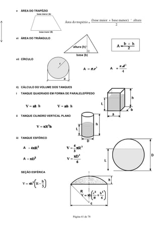 v ÁREA DO TRAPÉZIO
vi ÁREA DO TRIÂNGULO
vii CÍRCULO
ii) CÁLCULO DO VOLUME DOS TANQUES
i TANQUE QUADRADO EM FORMA DE PARALELEPÍPEDO
ii TANQUE CILINDRO VERTICAL PLANO
iii TANQUE ESFÉRICO
SEÇÃO ESFÉRICA
h
A
A
Página 41 de 78
CÁLCULO DO VOLUME DOS TANQUES
TANQUE QUADRADO EM FORMA DE PARALELEPÍPEDO
TANQUE CILINDRO VERTICAL PLANO
A A
h
 