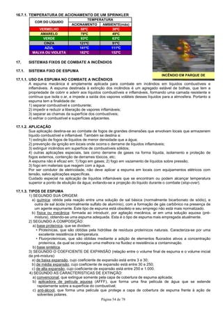 Página 54 de 78
INCÊNDIO EM PARQUE DE
TANQUES
16.7.1. TEMPERATURA DE ACIONAMENTO DE UM SPRINKLER
17. SISTEMAS FIXOS DE COMBATE A INCÊNDIOS
17.1. SISTEMA FIXO DE ESPUMA
17.1.1. USO DA ESPUMA NO COMBATE A INCÊNDIOS
A espuma mecânica é amplamente aplicada para combate em incêndios em líquidos combustíveis e
inflamáveis. A espuma destinada à extinção dos incêndios é um agregado estável de bolhas, que tem a
propriedade de cobrir e aderir aos líquidos combustíveis e inflamáveis, formando uma camada resistente e
contínua que isola o ar, e impede a saída dos vapores voláteis desses líquidos para a atmosfera. Portanto a
espuma tem a finalidade de:
1) separar combustível e comburente;
2) impedir e reduzir a liberação de vapores inflamáveis;
3) separar as chamas da superfície dos combustíveis;
4) esfriar o combustível e superfícies adjacentes.
17.1.2. APLICAÇÃO
Sua aplicação destina-se ao combate de fogos de grandes dimensões que envolvam locais que armazenem
líquido combustível e inflamável. Também se destina a:
1) extinção de fogos de líquidos de menor densidade que a água;
2) prevenção da ignição em locais onde ocorra o derrame de líquidos inflamáveis;
3) extinguir incêndios em superfície de combustíveis sólidos;
4) outras aplicações especiais, tais como derrame de gases na forma líquida, isolamento e proteção de
fogos externos, contenção de derrames tóxicos, etc;
A espuma não é eficaz em: 1) fogo em gases; 2) fogo em vazamento de líquidos sobre pressão;
3) fogo em materiais que reagem com a água.
Por ser condutor de eletricidade, não deve aplicar a espuma em locais com equipamentos elétricos com
tensão, salvo aplicações específicas.
Cuidado especial na aplicação de líquidos inflamáveis que se encontram ou podem alcançar temperatura
superior a ponto de ebulição da água; evitando-se a projeção do líquido durante o combate (slop-over).
17.1.3. TIPOS DE ESPUMA
1) SEGUNDO SUA ORIGEM:
a) química: obtida pela reação entre uma solução de sal básica (normalmente bicarbonato de sódio), e
outra de sal ácida (normalmente sulfato de alumínio), com a formação de gás carbônico na presença de
um agente espumante. Este tipo de espuma está obsoleto e seu emprego não está mais normatizado.
b) física ou mecânica: formada ao introduzir, por agitação mecânica, ar em uma solução aquosa (pré-
mistura), obtendo-se uma espuma adequada. Esta é o tipo de espuma mais empregada atualmente.
2) SEGUNDO A COMPOSIÇÃO:
a) base proteínica, que se dividem:
• Proteínicas, que são obtidas pela hidrólise de resíduos proteínicos naturais. Caracteriza-se por uma
excelente resistência à temperatura.
• Fluorproteínicas, que são obtidas mediante a adição de elementos fluorados ativos a concentração
proteínica, da qual se consegue uma melhora na fluidez e resistência a contaminação.
b) base sintética.
3) SEGUNDO O COEFICIENTE DE EXPANSÃO (relação entre o volume final de espuma e o volume inicial
da pré-mistura):
a) de baixa expansão, cujo coeficiente de expansão está entre 3 e 30;
b) de média expansão, cujo coeficiente de expansão está entre 30 e 250;
c) de alta expansão, cujo coeficiente de expansão está entre 250 e 1.000.
4) SEGUNDO AS CARACTERÍSTICAS DE EXTINÇÃO:
a) convencional, que extingue somente pela capa de cobertura de espuma aplicada;
b) aplicadora de película aquosa (AFFF), que forma uma fina película de água que se estende
rapidamente sobre a superfície do combustível;
c) anti-álcool, que forma uma película que protege a capa de cobertura de espuma frente à ação de
solventes polares.
ACIONAMENTO AMBIENTE(máx)
VERMELHO 68ºC 38ºC
AMARELO 79ºC 49ºC
VERDE 93ºC 63ºC
CINZA 121ºC 91ºC
AZUL 141ºC 111ºC
MALVA OU VIOLETA 182ºC 152ºC
COR DO LÍQUIDO
TEMPERATURA
 