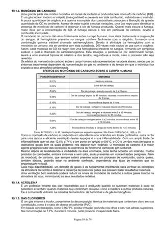 Página 59 de 78
19.1.3. MONÓXIDO DE CARBONO
Uma grande parte das mortes ocorridas em locais de incêndio é produzida pelo monóxido de carbono (CO).
É um gás incolor, inodoro e insípido (desagradável) e presente em toda combustão, incluindo-se o incêndio.
A pouca quantidade de oxigênio e a queima incompleta dos combustíveis provocam a liberação de grande
quantidade de CO no ambiente. Apesar de estar sujeita a muitas variações, uma boa regra para identificar a
presença de monóxido de carbono é observar a cor da fumaça produzida. Quanto mais escura a fumaça,
maior deve ser a concentração de CO. A fumaça escura é rica em partículas de carbono, devido à
combustão incompleta.
O monóxido de carbono não atua diretamente sobre o corpo humano, mas afeta diretamente a oxigenação
do sangue. A hemoglobina presente no sangue combina facilmente com o oxigênio, formando uma
combinação química instável chamada oxi-hemoglobina. Devido à afinidade da hemoglobina com o
monóxido de carbono, ela se combina com esta substância, 200 vezes mais rápido do que com o oxigênio.
Assim, cada molécula de CO irá reagir com uma hemoglobina presente no sangue, formando um composto
estável, o qual é chamado de carboxiemoglobina. Esta situação, a perdurar-se por determinado tempo,
levará a uma eventual hipoxia do cérebro e dos tecidos, seguindo-se a morte, caso o processo não seja
revertido.
Os efeitos do mónoxido de carbono sobre o corpo humano são apresentados na tabela abaixo, sendo que os
sintomas decorrentes dependem da concentração do gás no ambiente e do tempo em que o indivíduo fica
exposto a esta atmosfera contaminada.
EFEITOS DO MONÓXIDO DE CARBONO SOBRE O CORPO HUMANO
Fonte: AFFONSO, L. A. M. Ventilação forçada por esguicho regulável. São Paulo: CAES-CAO-II, 1996, p. 20.
Como o monóxido de carbono é produzido em abundância nos incêndios em locais confinados, outra razão
para uma rápida e eficiente ventilação destes espaços é a sua inflamabilidade. Com um amplo limite de
inflamabilidade que vai dos 12,5% a 74% e um ponto de ignição a 609°C, o CO é um dos mais perigosos e
destrutivos gases com os quais podemos nos deparar num incêndio. O monóxido de carbono é o maior
agente proporcionador das condições da ocorrência do fenômeno conhecido por backdraft.
Mesmo depois de restabelecida a visibilidade na área confinada, onde tenha ocorrido um incêndio, muitos
produtos da combustão, embora invisíveis e sem odor, estão presentes em concentrações perigosas. Além
do monóxido de carbono, que sempre estará presente após um processo de combustão, outros gases,
também tóxicos, poderão estar no ambiente confinado, dependendo dos tipos de materiais que se
encontravam no local.
Caso haja disponibilidade, um detector de gases é de fundamental importância para verificar as condições
da atmosfera do recinto e detectar a presença de possíveis gases que possam trazer resultados maléficos.
Uma ventilação bem realizada poderá reduzir os níveis de monóxido de carbono e outros gases tóxicos na
atmosfera do local, minimizando os seus resultados nefastos.
19.1.4. ACROLEÍNA
É um poderoso irritante das vias respiratórias que é produzido quando se queimam materiais à base de
polietileno e também quando materiais que contenham celulose, como a madeira e outros produtos naturais.
Ele é comumente utilizado na indústria farmacêutica, de herbicidas e de gás lacrimogêneo.
19.1.5. GÁS CLORÍDRICO
É um gás irritante e incolor, proveniente da decomposição térmica de materiais que contenham cloro em sua
constituição, como é o caso do cloreto de polivinila (PVC).
Em baixas concentrações, como 0,0075%, produz irritação profunda nos olhos e nas vias aéreas superiores.
Na concentração de 1,7%, durante 5 minutos, pode provocar incapacidade física.
PORCENTAGEM NO AR SINTOMAS
0,01% Nenhum sintoma.
0,02% Leve dor de cabeça.
0,04% Dor de cabeça, quando exposto de 1 a 2 horas.
0,08%
Dor de cabeça depois de 45 minutos; náuseas; inconsciência depois
de 2 horas.
0,10% Inconsciência depois de 1 hora.
0,16% Dor de cabeça, vertigem e náuseas depois de 20 minutos.
0,32%
Dor de cabeça, vertigem e náuseas entre 5 a 10 minutos;
inconsciência depois de 30 minutos.
0,64%
Dor de cabeça e vertigem entre 1 a 2 minutos, inconsciência entre 10
a 15 minutos.
1,28% Inconsciência imediata e perigo de morte dentro de 1 a 3 minutos.
 
