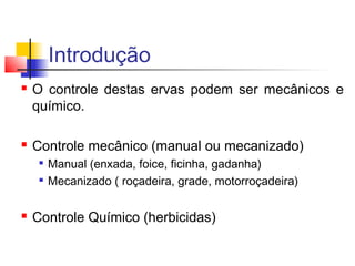 Introdução 
 O controle destas ervas podem ser mecânicos e 
químico. 
 Controle mecânico (manual ou mecanizado) 
 Manual (enxada, foice, ficinha, gadanha) 
 Mecanizado ( roçadeira, grade, motorroçadeira) 
 Controle Químico (herbicidas) 
 