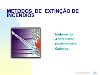 Ir p/ primeira página
METODOS DE EXTINÇÃO DE
INCÊNDIOS
 Isolamento
 Abafamento
 Resfriamento
 Químico
 