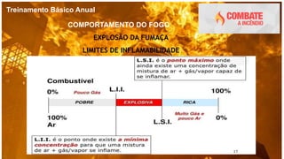 Treinamento Básico Anual
COMPORTAMENTO DO FOGO
EXPLOSÃO DA FUMAÇA
LIMITES DE INFLAMABILIDADE
 
