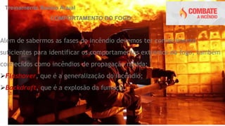 Treinamento Basíco Anual
Além de sabermos as fases do incêndio devemos ter conhecimento
suficientes para identificar os comportamentos extremos do fogo, também
conhecidos como incêndios de propagação rápida:
Flashover, que é a generalização do incêndio;
Backdraft, que é a explosão da fumaça.
COMPORTAMENTO DO FOGO
 