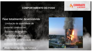 COMPORTAMENTO DO FOGO
DINÂMICA DO INCÊNDIO
Fase totalmente desenvolvido
 Limitação da quantidade de
material combustível;
 Escassez de Oxigênio;
 Temperatura estável;
 Pode haver generalização do
incêndio (flashover);
 Pode haver ignição da fumaça.
 