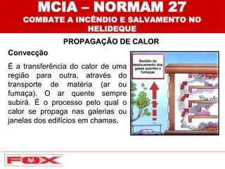 Convecção
É a transferência do calor de uma
região para outra, através do
transporte de matéria (ar ou
fumaça). O ar quente sempre
subirá. É o processo pelo qual o
calor se propaga nas galerias ou
janelas dos edifícios em chamas.
MCIA – NORMAM 27
COMBATE A INCÊNDIO E SALVAMENTO NO
HELIDEQUE
PROPAGAÇÃO DE CALOR
 