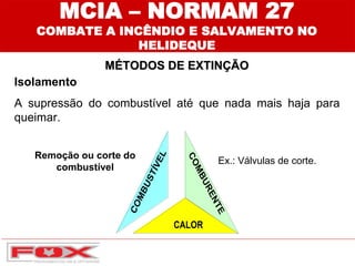 MÉTODOS DE EXTINÇÃO
MCIA – NORMAM 27
COMBATE A INCÊNDIO E SALVAMENTO NO
HELIDEQUE
Isolamento
A supressão do combustível até que nada mais haja para
queimar.
Remoção ou corte do
combustível
Ex.: Válvulas de corte.
 