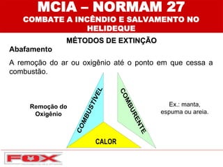 MÉTODOS DE EXTINÇÃO
MCIA – NORMAM 27
COMBATE A INCÊNDIO E SALVAMENTO NO
HELIDEQUE
Abafamento
A remoção do ar ou oxigênio até o ponto em que cessa a
combustão.
Remoção do
Oxigênio
Ex.: manta,
espuma ou areia.
 