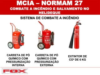 MCIA – NORMAM 27
COMBATE A INCÊNDIO E SALVAMENTO NO
HELIDEQUE
SISTEMA DE COMBATE A INCÊNDIO
CARRETA DE PÓ
QUÍMICO COM
PRESSURIZAÇÃO
INTERNA
CARRETA DE PÓ
QUÍMICO COM
PRESSURIZAÇÃO
EXTERNA
EXTINTOR DE
CO² DE 6 KG
 