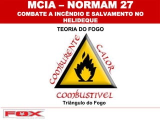 TEORIA DO FOGO
MCIA – NORMAM 27
COMBATE A INCÊNDIO E SALVAMENTO NO
HELIDEQUE
Triângulo do Fogo
 