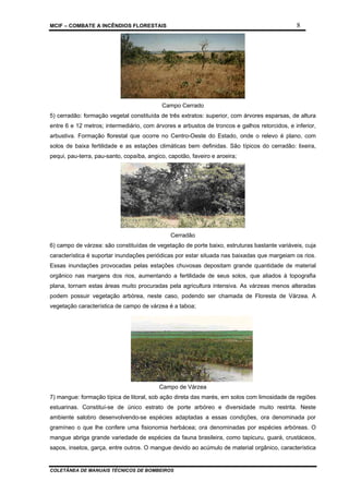 MCIF – COMBATE A INCÊNDIOS FLORESTAIS 8
COLETÂNEA DE MANUAIS TÉCNICOS DE BOMBEIROS
Campo Cerrado
5) cerradão: formação vegetal constituída de três extratos: superior, com árvores esparsas, de altura
entre 6 e 12 metros; intermediário, com árvores e arbustos de troncos e galhos retorcidos, e inferior,
arbustiva. Formação florestal que ocorre no Centro-Oeste do Estado, onde o relevo é plano, com
solos de baixa fertilidade e as estações climáticas bem definidas. São típicos do cerradão: lixeira,
pequi, pau-terra, pau-santo, copaíba, angico, capotão, faveiro e aroeira;
Cerradão
6) campo de várzea: são constituídas de vegetação de porte baixo, estruturas bastante variáveis, cuja
característica é suportar inundações periódicas por estar situada nas baixadas que margeiam os rios.
Essas inundações provocadas pelas estações chuvosas depositam grande quantidade de material
orgânico nas margens dos rios, aumentando a fertilidade de seus solos, que aliados à topografia
plana, tornam estas áreas muito procuradas pela agricultura intensiva. As várzeas menos alteradas
podem possuir vegetação arbórea, neste caso, podendo ser chamada de Floresta de Várzea. A
vegetação característica de campo de várzea é a taboa;
Campo de Várzea
7) mangue: formação típica de litoral, sob ação direta das marés, em solos com limosidade de regiões
estuarinas. Constituí-se de único estrato de porte arbóreo e diversidade muito restrita. Neste
ambiente salobro desenvolvendo-se espécies adaptadas a essas condições, ora denominada por
gramíneo o que lhe confere uma fisionomia herbácea; ora denominadas por espécies arbóreas. O
mangue abriga grande variedade de espécies da fauna brasileira, como tapicuru, guará, crustáceos,
sapos, insetos, garça, entre outros. O mangue devido ao acúmulo de material orgânico, característica
 