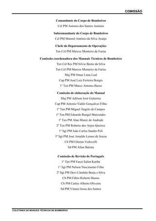 COMISSÃO
COLETÂNEA DE MANUAIS TÉCNICOS DE BOMBEIROS
Comandante do Corpo de Bombeiros
Cel PM Antonio dos Santos Antonio
Subcomandante do Corpo de Bombeiros
Cel PM Manoel Antônio da Silva Araújo
Chefe do Departamento de Operações
Ten Cel PM Marcos Monteiro de Farias
Comissão coordenadora dos Manuais Técnicos de Bombeiros
Ten Cel Res PM Silvio Bento da Silva
Ten Cel PM Marcos Monteiro de Farias
Maj PM Omar Lima Leal
Cap PM José Luiz Ferreira Borges
1º Ten PM Marco Antonio Basso
Comissão de elaboração do Manual
Maj PM Adilson José Gutierrez
Cap PM Antonio Valdir Gonçalves Filho
1º Ten PM Miguel Ângelo de Campos
1º Ten PM Eduardo Rangel Marcondes
1º Ten PM Alan Muniz de Andrade
2º Ten PM Roberto dos Anjos Queiroz
1º Sgt PM João Carlos Sandin Poli
3º Sgt PM José Arnaldo Lemes de Souza
Cb PM Ghoren Vedovelli
Sd PM Allan Batista
Comissão de Revisão de Português
1º Ten PM Fauzi Salim Katibe
1° Sgt PM Nelson Nascimento Filho
2º Sgt PM Davi Cândido Borja e Silva
Cb PM Fábio Roberto Bueno
Cb PM Carlos Alberto Oliveira
Sd PM Vitanei Jesus dos Santos
 