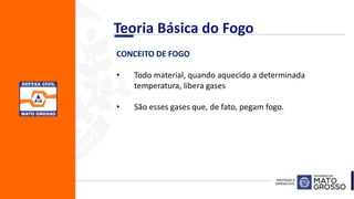 CONCEITO DE FOGO
• Todo material, quando aquecido a determinada
temperatura, libera gases
• São esses gases que, de fato, pegam fogo.
Teoria Básica do Fogo
 