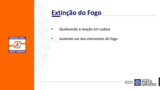 • Quebrando a reação em cadeia
• Isolando um dos elementos do fogo
Extinção do Fogo
 