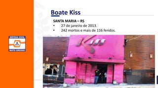 SANTA MARIA – RS
• 27 de janeiro de 2013.
• 242 mortos e mais de 116 feridos.
Boate Kiss
 