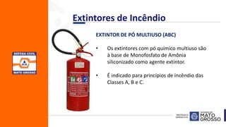 EXTINTOR DE PÓ MULTIUSO (ABC)
• Os extintores com pó químico multiuso são
à base de Monofosfato de Amônia
siliconizado como agente extintor.
• É indicado para princípios de incêndio das
Classes A, B e C.
Extintores de Incêndio
 