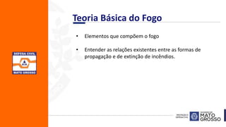 • Elementos que compõem o fogo
• Entender as relações existentes entre as formas de
propagação e de extinção de incêndios.
Teoria Básica do Fogo
 