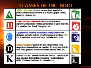CLASSES DE INCÊNDIO K Kitchen Oil Fire: “incêndio em óleo de cozinha”. Classificação para atividade de incêndios em cozinha, reconhecida pela NFPA (National Fire Protection Association)   Metais Pirofóricos:  Queima em altas temperaturas. Para apagá-lo você necessita de pós especiais. Ex: magnésio, titânio, lítio, zinco, potássio, antimônio, selênio, urânio, sódio, etc. Equipamentos Elétricos e Eletrônicos Energizados:  Ao ser desligado o circuito elétrico, o incêndio passa a ser classe  “A”.  Ex: fios elétricos, quadros de força, eletrodomésticos, etc. Líquidos e Gases Inflamáveis:  Queimam em razão de superfície. Não deixam resíduos por queimar os gases liberados. Ex: gasolina, éter, álcool, óleo, graxa, etc. Sólidos Inflamáveis:  Queimam em razão de superfície e profundidade. Deixam resíduos. Ex: madeira, papel, tecidos, borracha, plásticos, etc. 