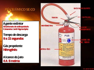 GATILHO ALÇA DE TRANSPORTE MANÔMETRO INSTRUÇÕES CLASSE DE INCÊNDIO BICO OU REQUINTE Agente extintor Bicarbonato de sódio/potássio Estearatos (anti-higroscópio) Tempo de descarga 8 a 22 segundos Gás propelente Nitrogênio Alcance do jato 4 A 8 metros TRAVA PÓ QUÍMICO SECO 