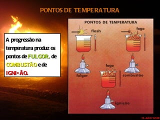 PONTOS DE TEMPERATURA A progressão na temperatura produz os pontos de  FULGOR,  de  COMBUSTÃO  e de  IGNIÇÃO. 