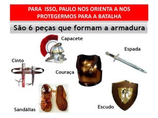 PARA ISSO, PAULO NOS ORIENTA A NOS
PROTEGERMOS PARA A BATALHA
 
