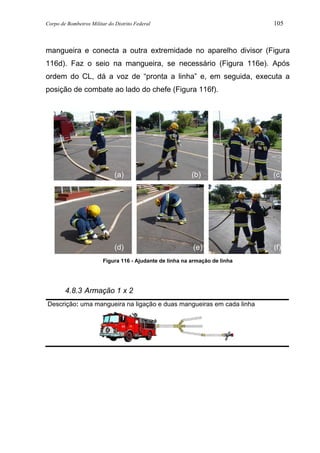 Corpo de Bombeiros Militar do Distrito Federal 105
mangueira e conecta a outra extremidade no aparelho divisor (Figura
116d). Faz o seio na mangueira, se necessário (Figura 116e). Após
ordem do CL, dá a voz de “pronta a linha” e, em seguida, executa a
posição de combate ao lado do chefe (Figura 116f).
Figura 116 - Ajudante de linha na armação de linha
4.8.3 Armação 1 x 2
Descrição: uma mangueira na ligação e duas mangueiras em cada linha
(a) (b) (c)
(d) (e) (f)
 