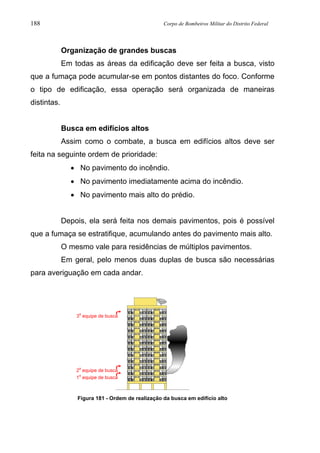 188 Corpo de Bombeiros Militar do Distrito Federal
Organização de grandes buscas
Em todas as áreas da edificação deve ser feita a busca, visto
que a fumaça pode acumular-se em pontos distantes do foco. Conforme
o tipo de edificação, essa operação será organizada de maneiras
distintas.
Busca em edifícios altos
Assim como o combate, a busca em edifícios altos deve ser
feita na seguinte ordem de prioridade:
• No pavimento do incêndio.
• No pavimento imediatamente acima do incêndio.
• No pavimento mais alto do prédio.
Depois, ela será feita nos demais pavimentos, pois é possível
que a fumaça se estratifique, acumulando antes do pavimento mais alto.
O mesmo vale para residências de múltiplos pavimentos.
Em geral, pelo menos duas duplas de busca são necessárias
para averiguação em cada andar.
Figura 181 - Ordem de realização da busca em edifício alto
3
a
equipe de busca
2
a
equipe de busca
1
a
equipe de busca
 