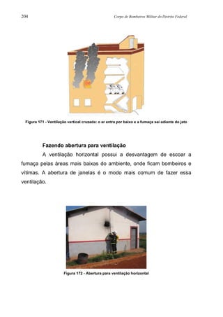 204 Corpo de Bombeiros Militar do Distrito Federal
Figura 171 - Ventilação vertical cruzada: o ar entra por baixo e a fumaça sai adiante do jato
Fazendo abertura para ventilação
A ventilação horizontal possui a desvantagem de escoar a
fumaça pelas áreas mais baixas do ambiente, onde ficam bombeiros e
vítimas. A abertura de janelas é o modo mais comum de fazer essa
ventilação.
Figura 172 - Abertura para ventilação horizontal
 