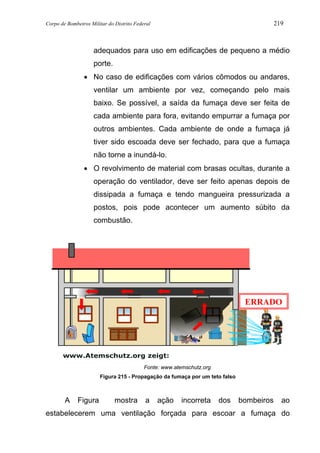 Corpo de Bombeiros Militar do Distrito Federal 219
adequados para uso em edificações de pequeno a médio
porte.
• No caso de edificações com vários cômodos ou andares,
ventilar um ambiente por vez, começando pelo mais
baixo. Se possível, a saída da fumaça deve ser feita de
cada ambiente para fora, evitando empurrar a fumaça por
outros ambientes. Cada ambiente de onde a fumaça já
tiver sido escoada deve ser fechado, para que a fumaça
não torne a inundá-lo.
• O revolvimento de material com brasas ocultas, durante a
operação do ventilador, deve ser feito apenas depois de
dissipada a fumaça e tendo mangueira pressurizada a
postos, pois pode acontecer um aumento súbito da
combustão.
Fonte: www.atemschutz.org
Figura 215 - Propagação da fumaça por um teto falso
A Figura mostra a ação incorreta dos bombeiros ao
estabelecerem uma ventilação forçada para escoar a fumaça do
ERRADO
 