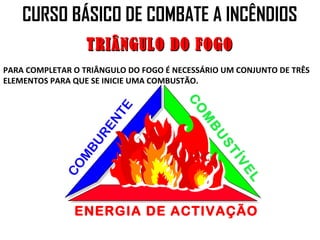 CURSO BÁSICO DE COMBATE A INCÊNDIOS
                  TRIÂNGULO DO FOGO
PARA COMPLETAR O TRIÂNGULO DO FOGO É NECESSÁRIO UM CONJUNTO DE TRÊS
ELEMENTOS PARA QUE SE INICIE UMA COMBUSTÃO.




                                       C
                        E




                                         O
                      NT




                                          M
                    RE




                                            BU
                 BU




                                               ST
              M




                                                 ÍV
            CO




                                                   EL
               ENERGIA DE ACTIVAÇÃO
 