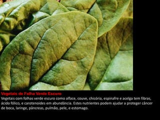 Vegetais de Folha Verde Escuro
Vegetais com folhas verde escuro como alface, couve, chicória, espinafre e acelga tem fibras,
ácido fólico, e carotenoides em abundância. Estes nutrientes podem ajudar a proteger câncer
de boca, laringe, pâncreas, pulmão, pele, e estomago.
 
