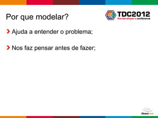 Por que modelar?
 Ajuda a entender o problema;

 Nos faz pensar antes de fazer;




                                  Globalcode – Open4education
 